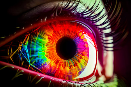 Close up of eye with rainbow colored iris in the iris. Generative AI.の素材