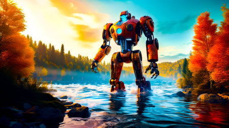 Robot is standing in the water near the shore of lake with forest in the background. Generative AI.の素材