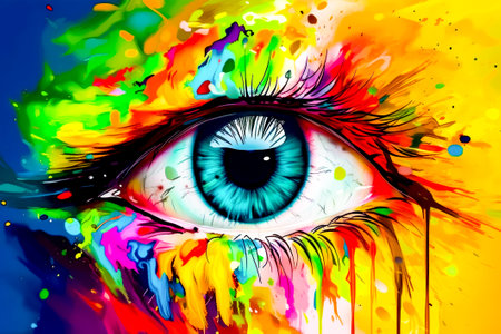 Painting of eye with colorful paint splatters on the iris. Generative AI.の素材
