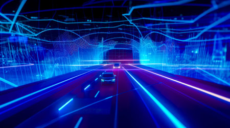 Car driving through tunnel with neon lights on the side of it. Generative AI.の素材