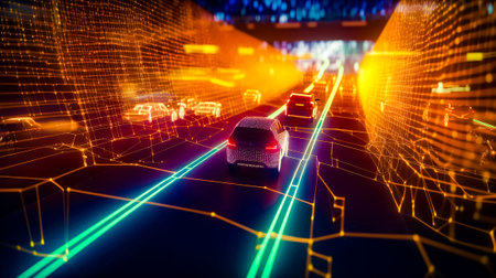 Car driving through tunnel with neon lights on the side of it. Generative AI.の素材