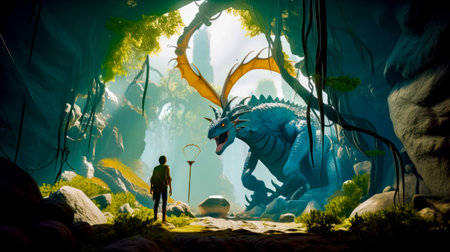 Man standing in front of the dragon in the middle of the forest. Generative AI.の素材
