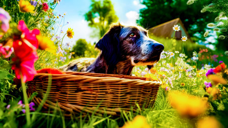 Dog sitting in a basket in the field of daisies and daisies. Generative AI.の素材