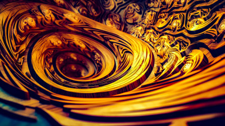 Close up view of yellow and black plate with swirls on it. Generative AI.の素材