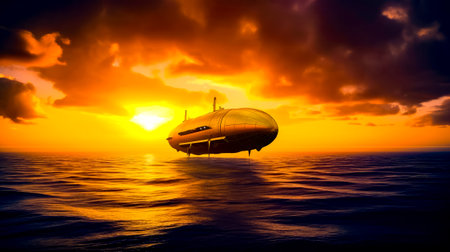 Boat floating in the middle of large body of water at sunset. Generative AI.の素材