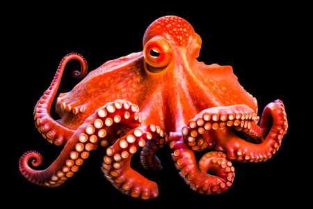 Close up of octopus on black background with black background. Generative AI.の素材