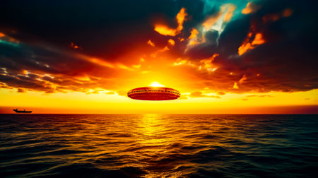 Flying saucer in the sky over the ocean with sunset in the background. Generative AI.の素材