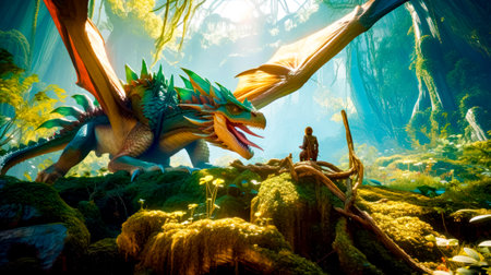 Man standing in front of dragon in forest filled with trees. Generative AI.の素材
