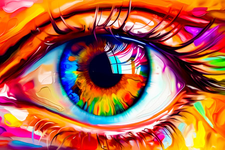 Close up of eye with multicolored paint on it's iris. Generative AI.の素材