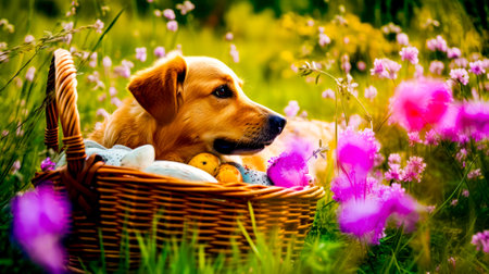 Dog laying in basket in field of flowers with easter eggs. Generative AI.の素材