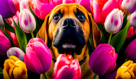 Brown dog surrounded by pink and white tulips and looking at the camera. Generative AI.の素材