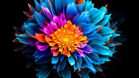 Multicolored flower on black background with space for text or image. Generative AI.の素材