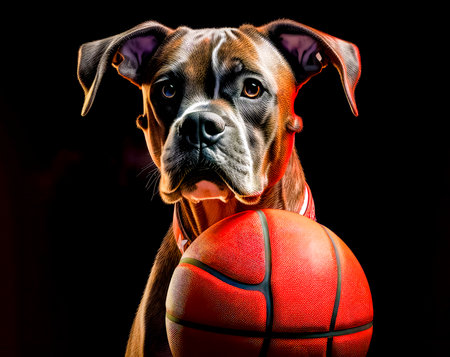 Dog is holding basketball in its mouth and looking at the camera. Generative AI.の素材