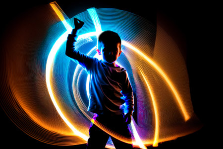Young boy holding baseball bat in front of colorful light tunnel. Generative AI.の素材