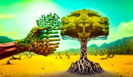 Hand reaching out to tree with green tree in the middle of it. Generative AI.の素材