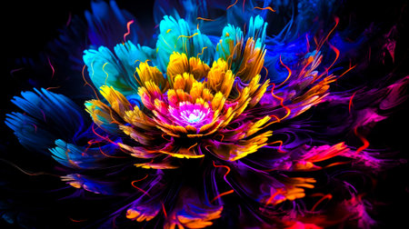 Colorful flower that is in the middle of black background with blue, yellow, and red flower in the center. Generative AI.の素材