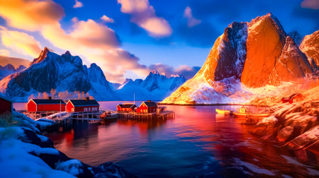 Colorful picture of mountain and body of water with boats in it. Generative AI.の素材