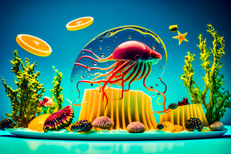 Underwater scene with jellyfish and jellyfishs in the water. Generative AI.の素材