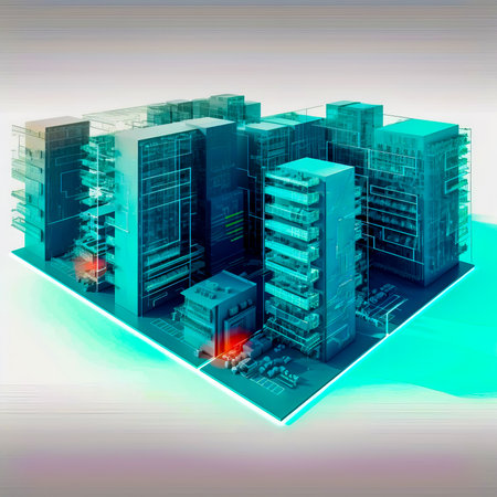 Group of tall buildings sitting next to each other on top of blue surface. Generative AI.の素材