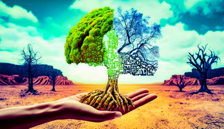 Person's hand holding tree in the middle of desert. Generative AI.の素材