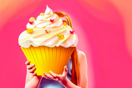 Painting of woman holding cupcake with icing on it. Generative AI.の素材