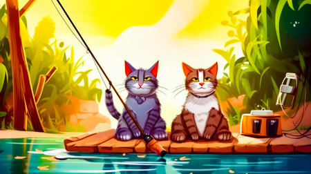 Couple of cats sitting on top of wooden dock next to river. Generative AI.の素材