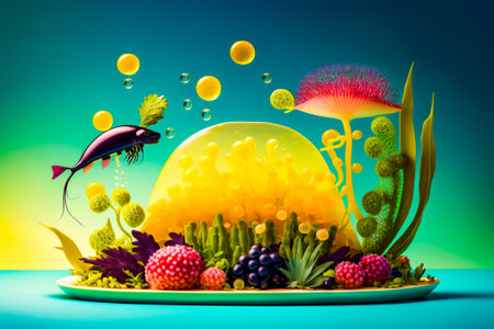Underwater scene with fish, plants, and other things on plate. Generative AI.の素材