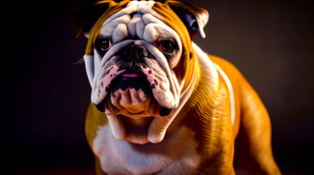 Brown and white dog sitting on top of wooden floor next to black background. Generative AI.の素材