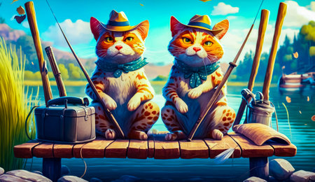 Couple of cats sitting on top of boat next to each other. Generative AI.の素材