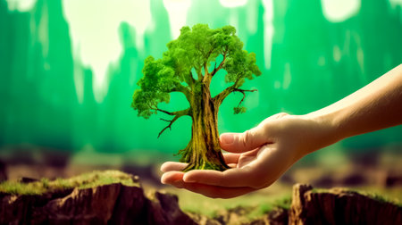 Person's hand holding small tree in front of green background. Generative AI.の素材