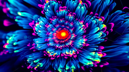 Close up of blue flower with red center and yellow center. Generative AI.の素材