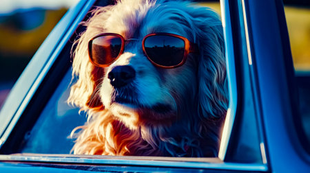 Dog wearing sunglasses sitting in the back seat of blue pickup truck. Generative AI.の素材