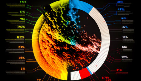 Image of colorful circle on black background with lines and dots. Generative AI.の素材