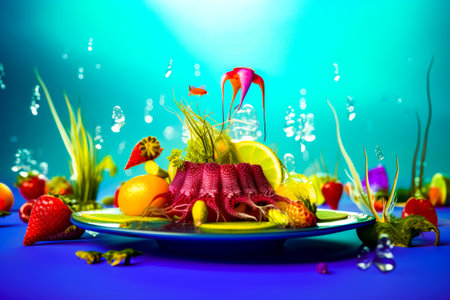 Plate that has a bunch of fruit on it and blue background. Generative AI.の素材