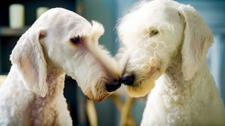 Close up of two dogs touching each other's noses in front of mirror. Generative AI.の素材