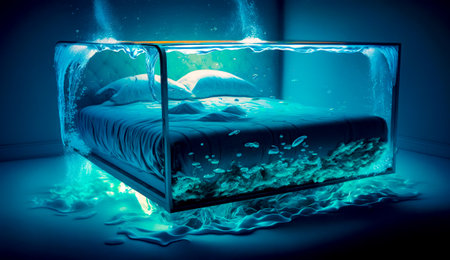 Bed that is in the water with light on top of it. Generative AI.の素材
