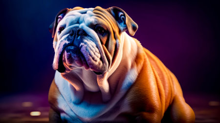 Brown and white dog sitting on top of purple and blue background. Generative AI.の素材