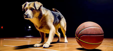 Dog standing next to basketball on top of hard wood floor. Generative AI.の素材