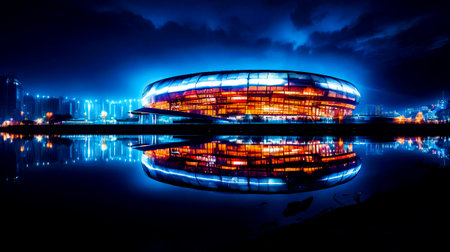 Large building with lot of lights on it's side at night. Generative AI.の素材