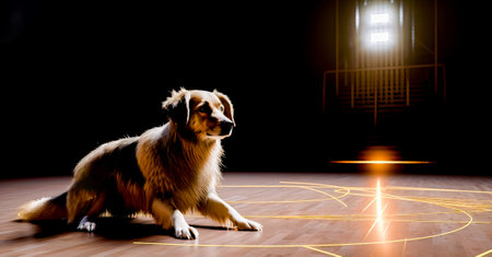 Dog sitting on basketball court with ball in it's mouth. Generative AI.の素材