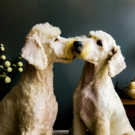 Couple of white dogs sitting next to each other on table next to vase of flowers. Generative AI.の素材