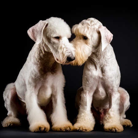 Two white poodles sitting next to each other on black background. Generative AI.の素材