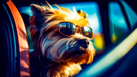 Small dog wearing sunglasses while sitting in the back seat of car. Generative AI.の素材