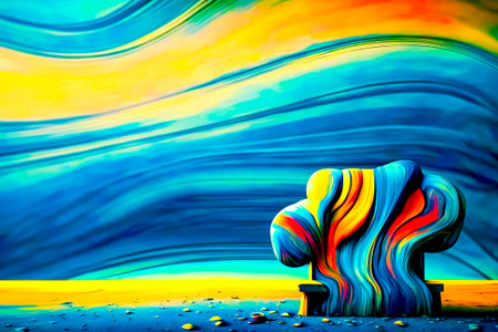 Painting of colorful bench in the middle of blue, yellow, and orange sky. Generative AI.の素材
