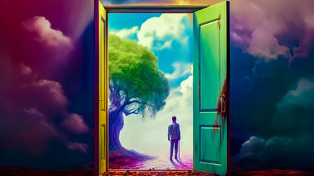 Man standing in front of open door with tree on it. Generative AI.の素材