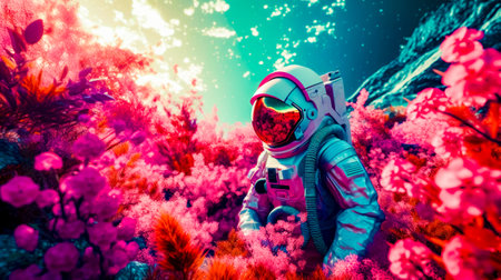 Man in space suit standing in the middle of the field of plants. Generative AI.の素材