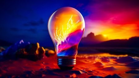 Colorful light bulb sitting on top of sandy beach under colorful sky. Generative AI.の素材