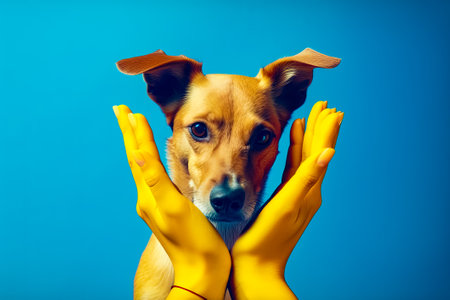 Dog with yellow rubber hands on it's face and blue background. Generative AI.の素材