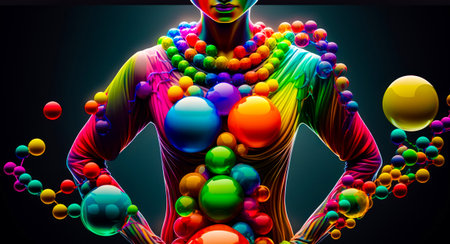Painting of woman with lot of balls on her body and arms. Generative AI.の素材