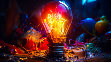 Glowing light bulb sitting on top of pile of crumpled paper on top of table. Generative AI.の素材
